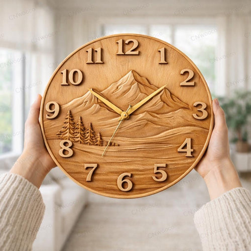 Fichier CNC horloge montagne – bas-relief paysage rustique pour sculpture bois, décoration murale STL