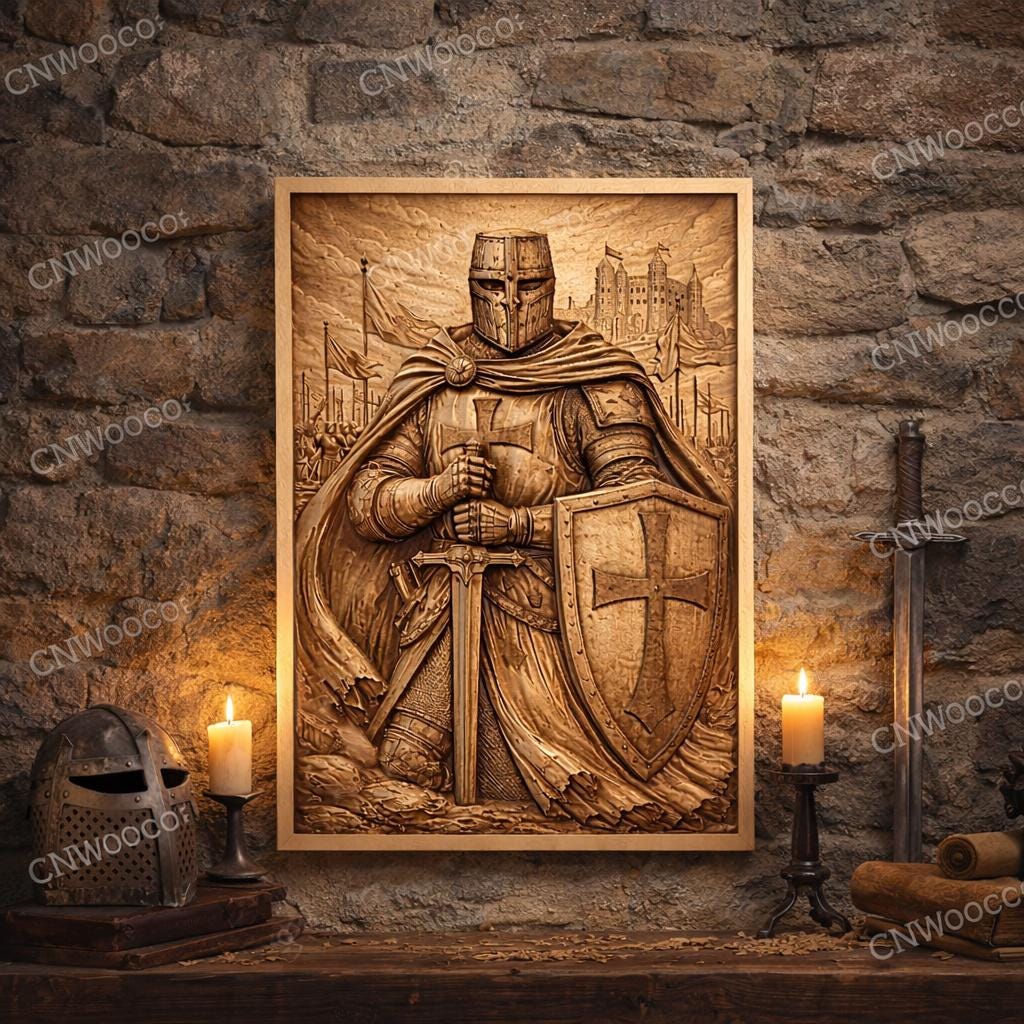 CNC-Datei Templerritter – mittelalterliches Basrelief für Holzskulpturen, Wanddekoration STL