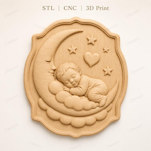 CNC & impression 3D relief bébé endormi sur lune, décoration chambre enfant pour gravure bois, STL de haute qualité