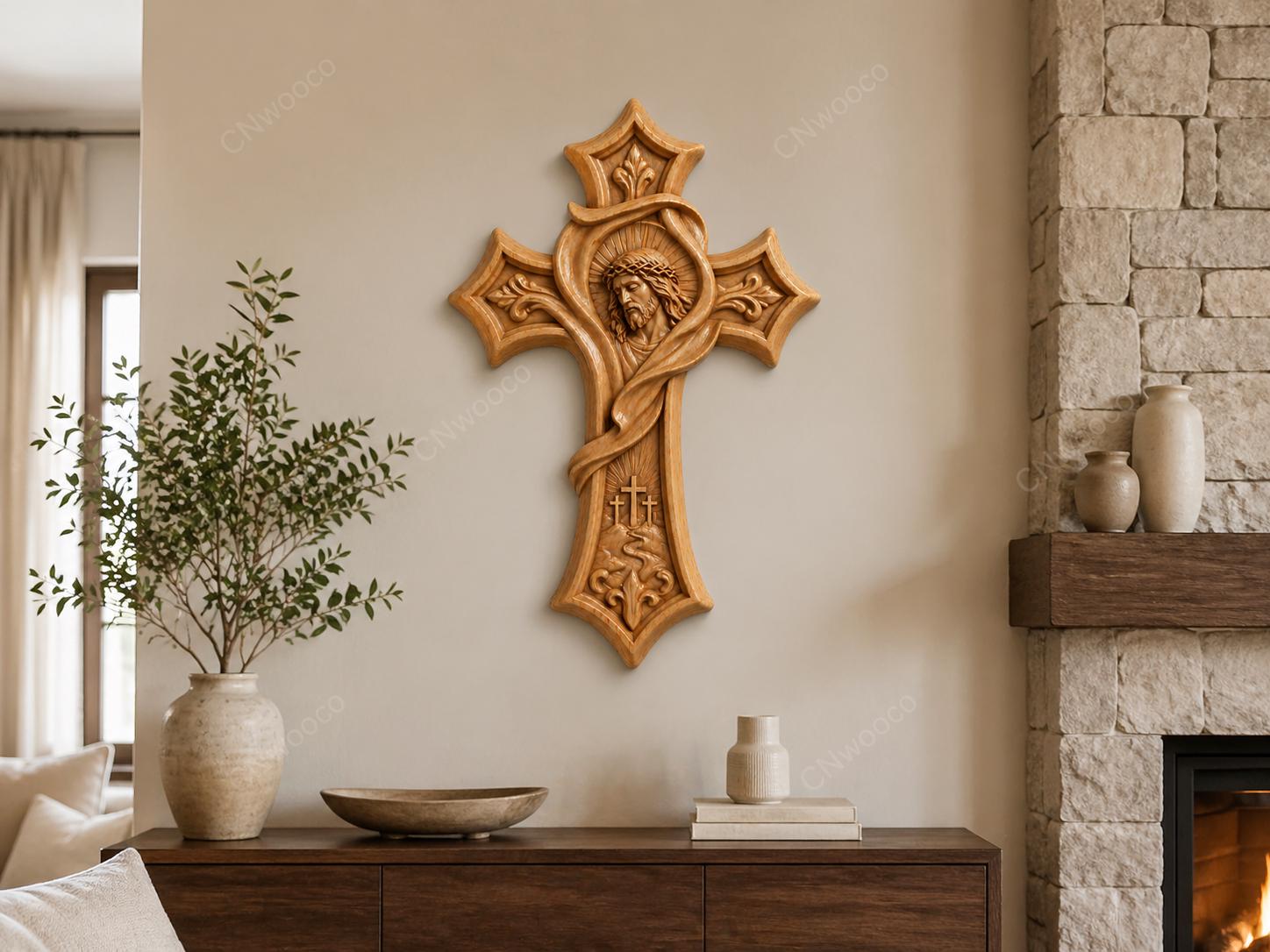 Fichier CNC & impression 3D – croix chrétienne en bas-relief 3D, modèle STL pour sculpture bois et décoration murale