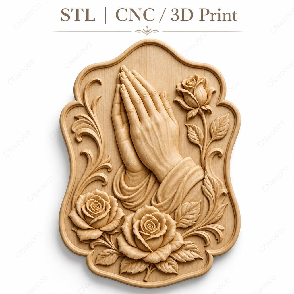 CNC & impression 3D relief mains en prière avec roses, décor religieux, fichier STL très haute qualité