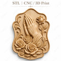 CNC & impression 3D relief mains en prière avec roses, décor religieux, fichier STL très haute qualité