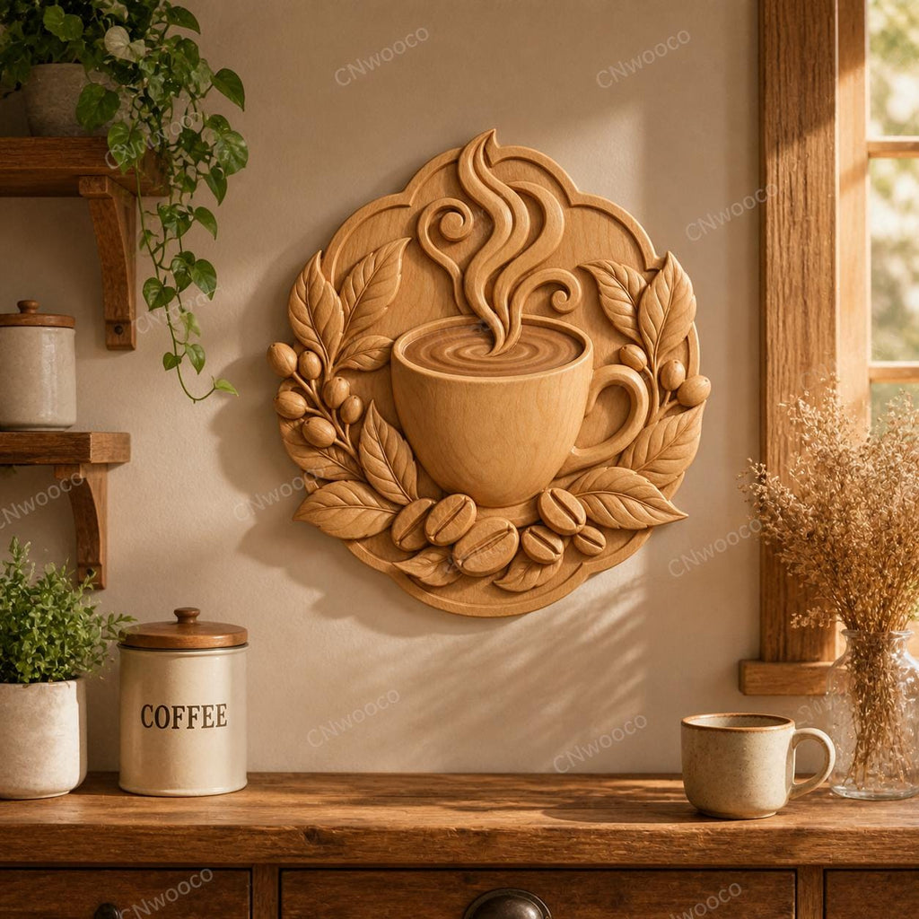 CNC & 3D-Reliefdruck Kaffeetasse mit Bohnen und Blättern, sehr hochwertige STL-Datei