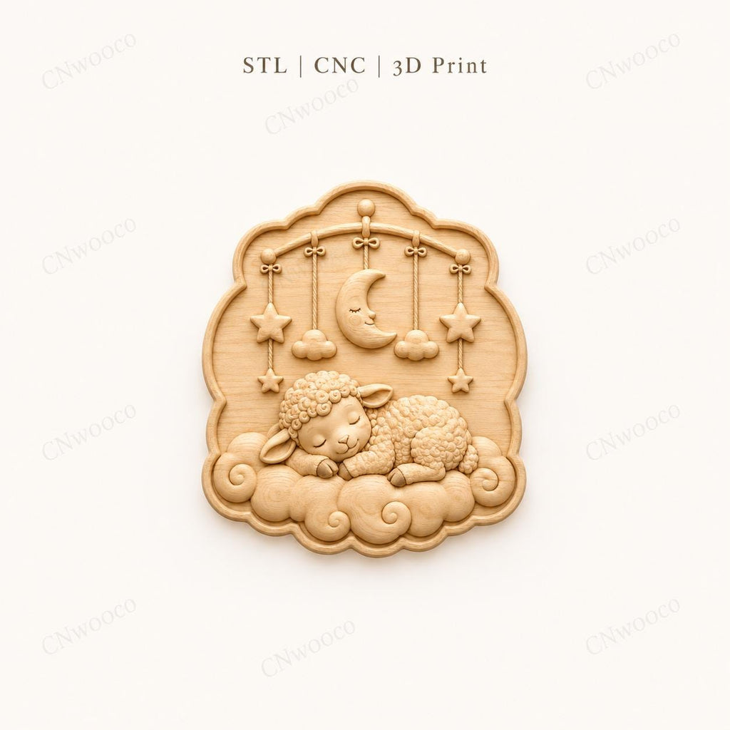 CNC & impression 3D agneau endormi sur nuages avec lune, fichier STL très haute qualité