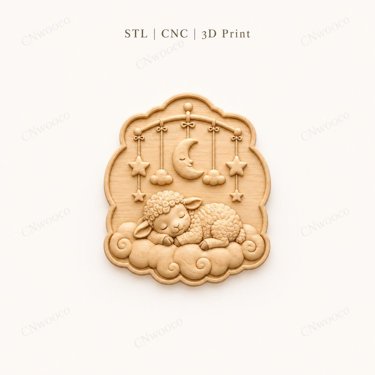 CNC & impression 3D agneau endormi sur nuages avec lune, fichier STL très haute qualité