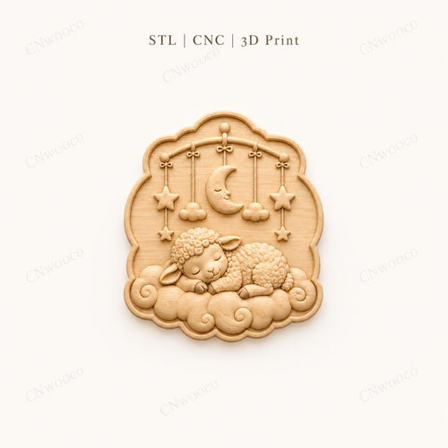 CNC & impression 3D agneau endormi sur nuages avec lune, fichier STL très haute qualité