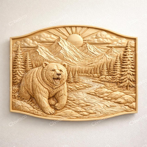 Fichier CNC ours grizzly montagne, bas-relief bois wildlife, décoration murale nature, sculpture bois, modèle gravure 3D STL
