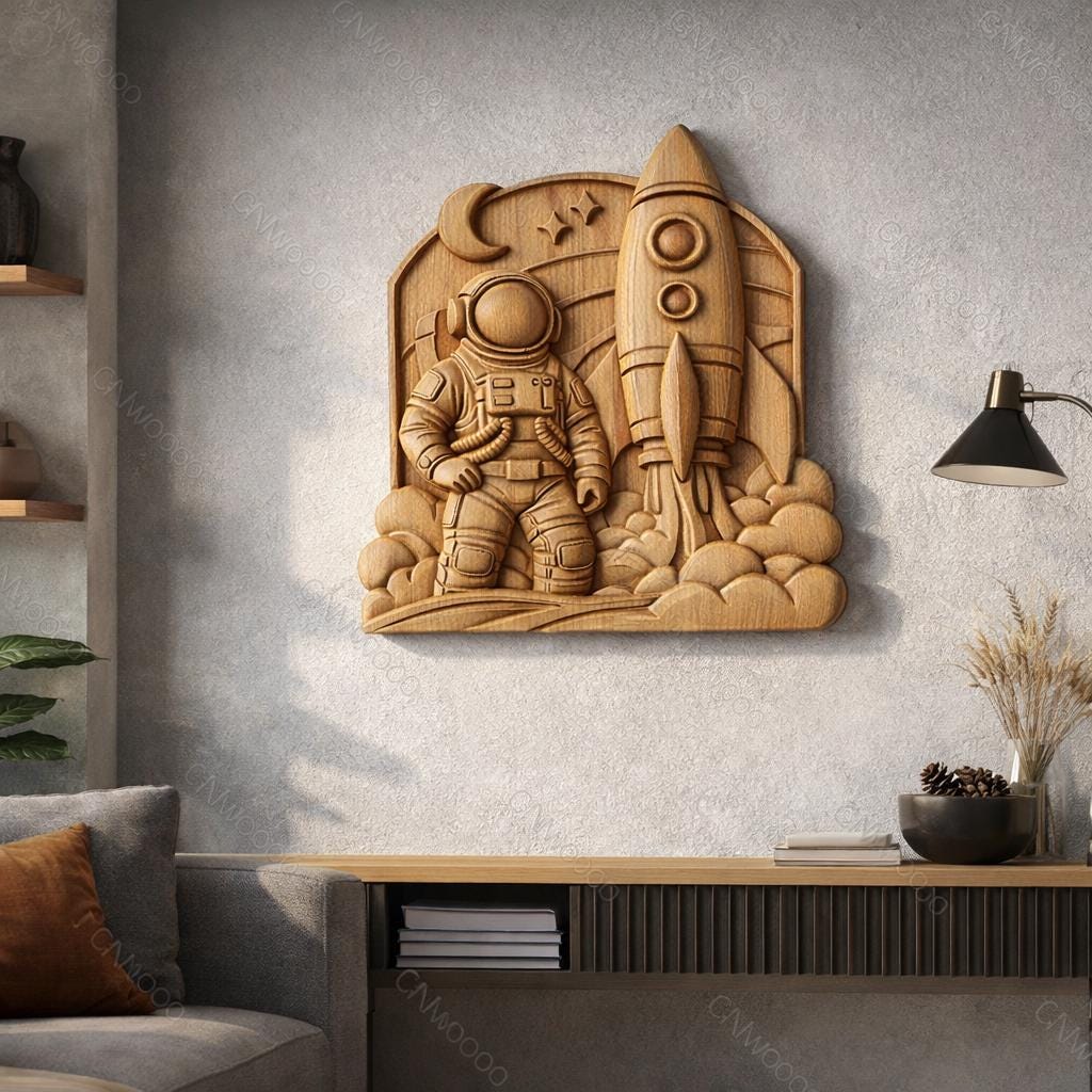 CNC-Datei Astronaut Rakete, Holz-Basrelief Weltraum, Wanddekoration Weltraum-Thema, Holzskulptur, 3D STL Gravur-Modell