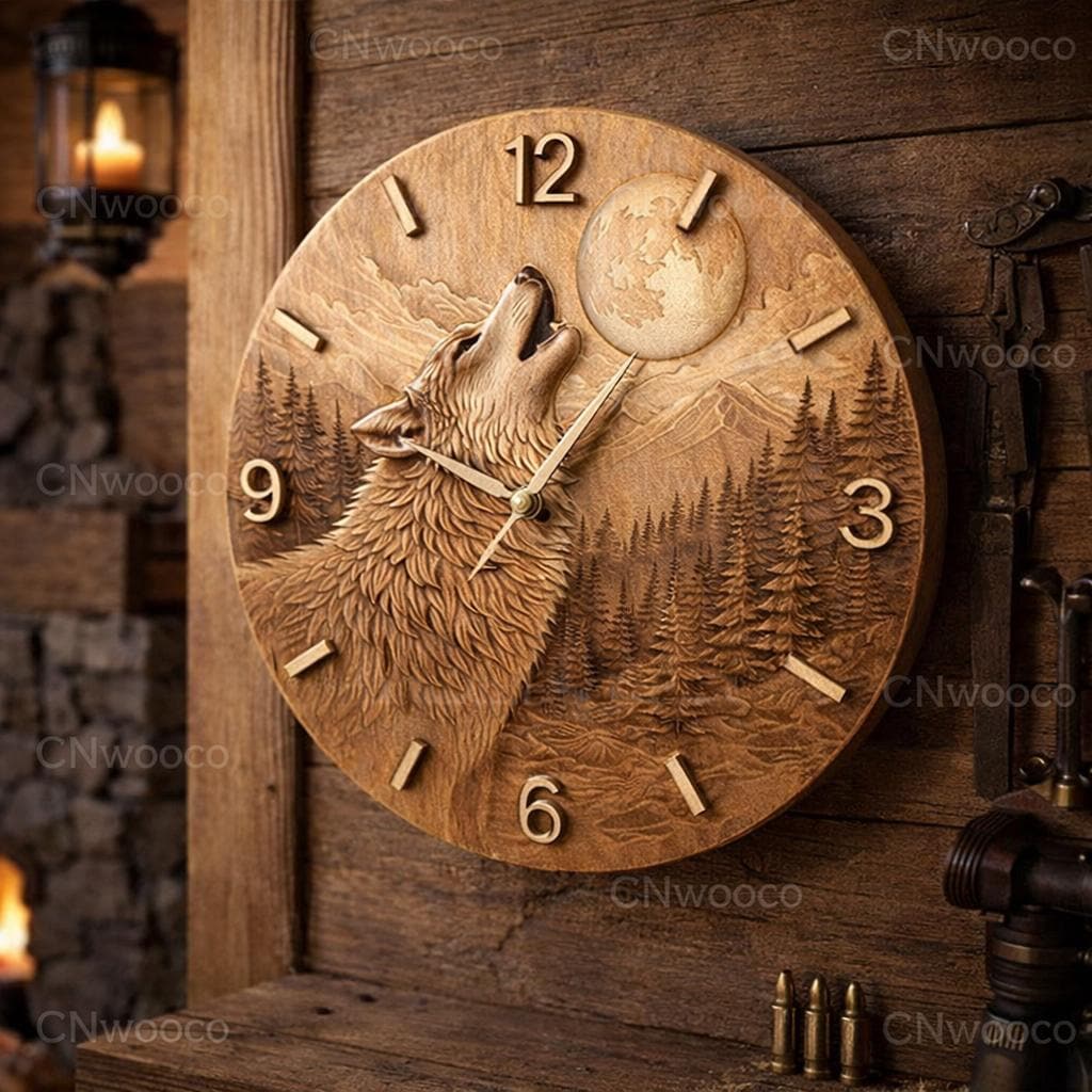 Fichier CNC horloge loup lune, bas-relief bois animal sauvage, décoration murale nature, sculpture horloge, modèle gravure 3D STL