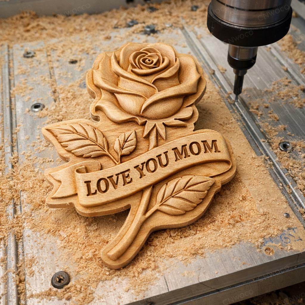 Fichier CNC & impression 3D rose “Love You Mom” – bas-relief bois pour cadeau fête des mères, décoration murale STL