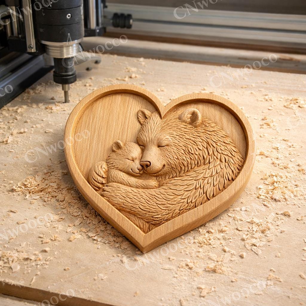 Fichier CNC cœur famille ours – bas-relief mère et ourson pour sculpture bois, décoration murale nature STL