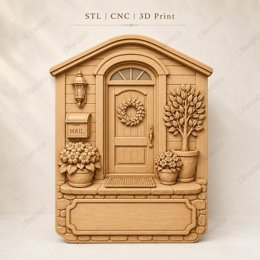 CNC- & 3D-Reliefdruck Hauseingang mit Tür und Blumen, Deko-Schild zum Holzschnitzen, hochwertiges STL, anpassbar