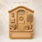CNC- & 3D-Reliefdruck Hauseingang mit Tür und Blumen, Deko-Schild zum Holzschnitzen, hochwertiges STL, anpassbar
