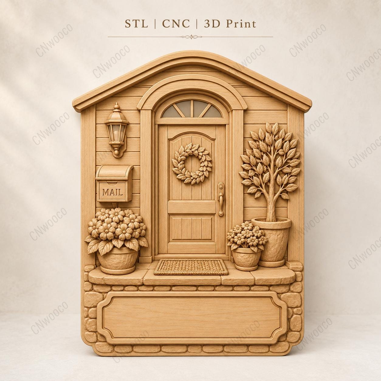 CNC- & 3D-Reliefdruck Hauseingang mit Tür und Blumen, Deko-Schild zum Holzschnitzen, hochwertiges STL, anpassbar