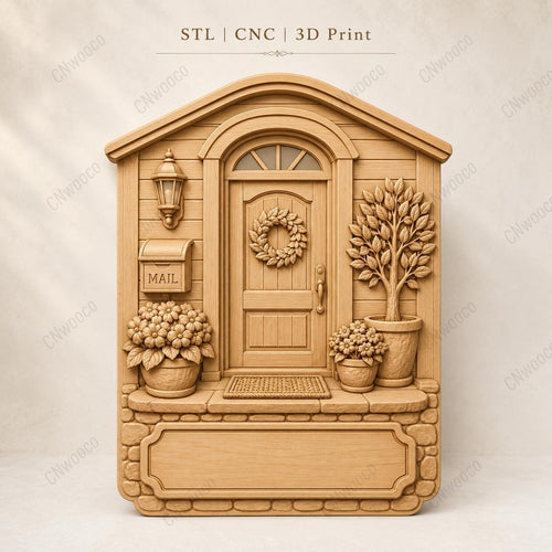 CNC & impression 3D relief entrée de maison avec porte et fleurs, plaque décorative pour gravure bois, STL de haute qualité, à personnaliser