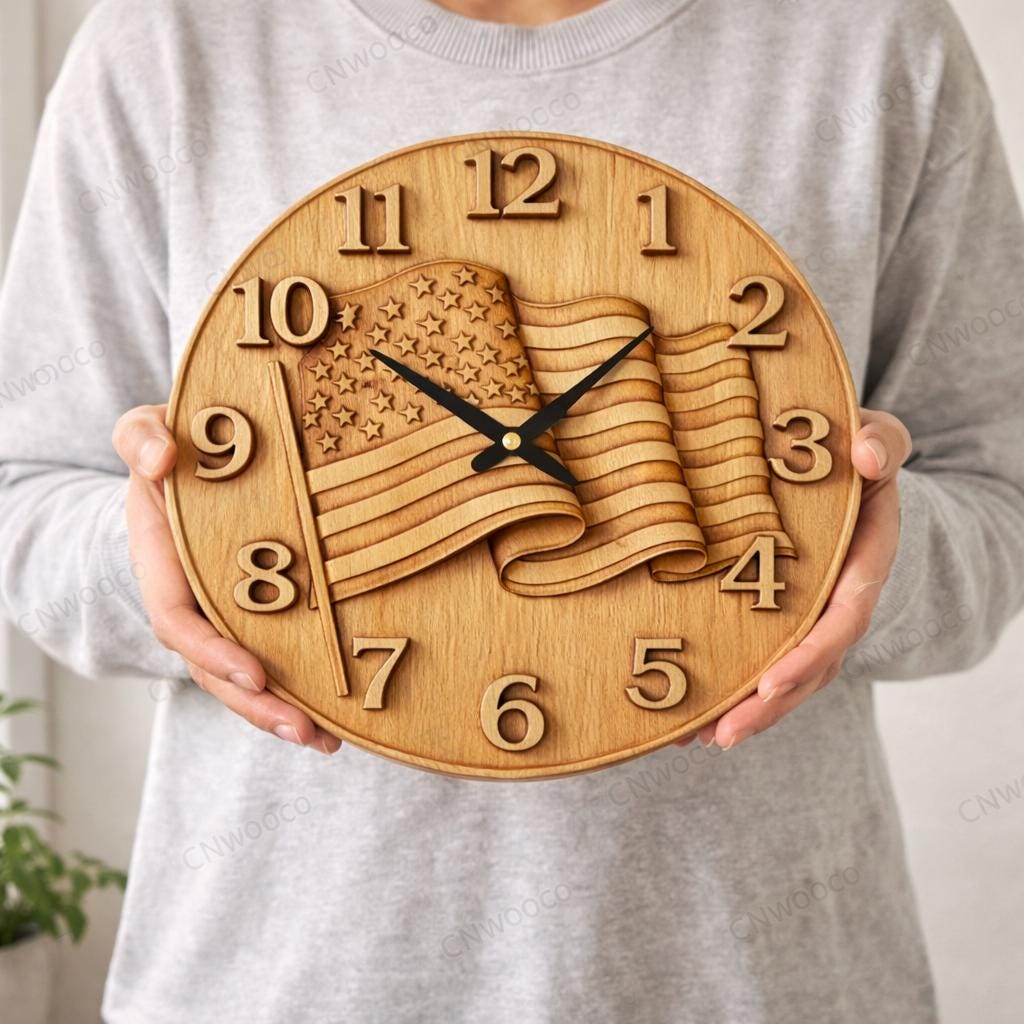 Fichier CNC horloge drapeau américain – bas-relief patriotique pour sculpture bois, décoration murale STL