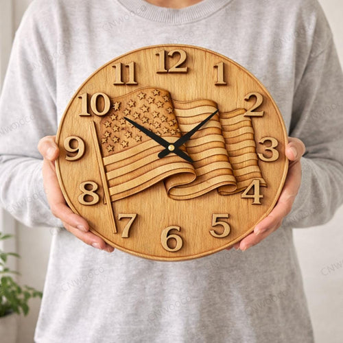 Fichier CNC horloge drapeau américain – bas-relief patriotique pour sculpture bois, décoration murale STL