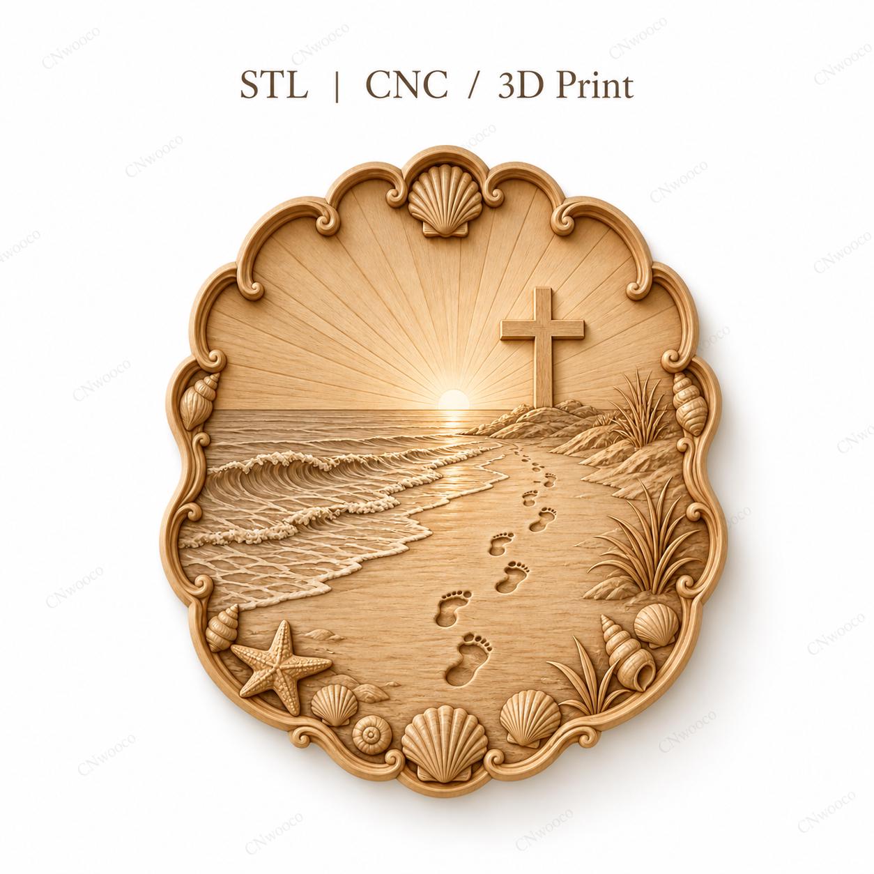 CNC & impression 3D relief plage avec croix et empreintes, fichier STL très haute qualité