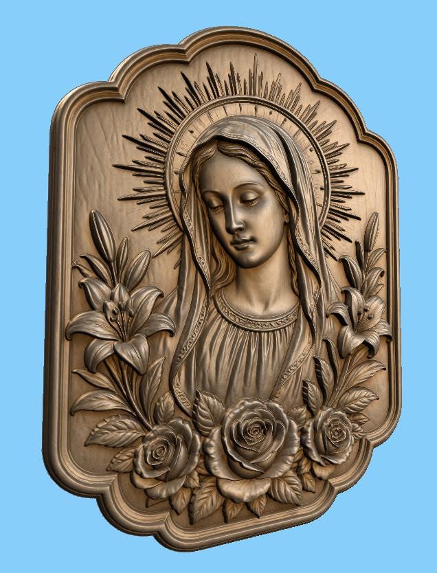 CNC & impression 3D Vierge Marie avec fleurs, STL haute qualité pour sculpture bois et relief religieux