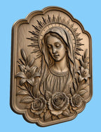 CNC & impression 3D Vierge Marie avec fleurs, STL haute qualité pour sculpture bois et relief religieux