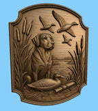 CNC & impression 3D relief chien de chasse avec canards et marais, fichier STL très haute qualité
