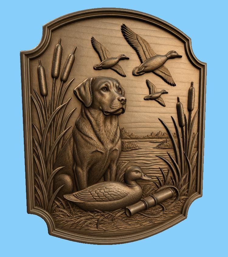 CNC & impression 3D relief chien de chasse avec canards et marais, fichier STL très haute qualité