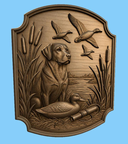 CNC & impression 3D relief chien de chasse avec canards et marais, fichier STL très haute qualité