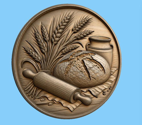 CNC & impression 3D relief pain artisanal avec blé et rouleau, fichier STL très haute qualité
