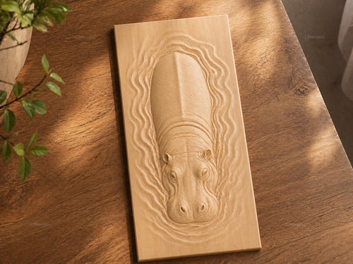 Fichier CNC hippopotame – bas-relief animal sauvage pour sculpture bois, décoration murale faune de rivière, STL