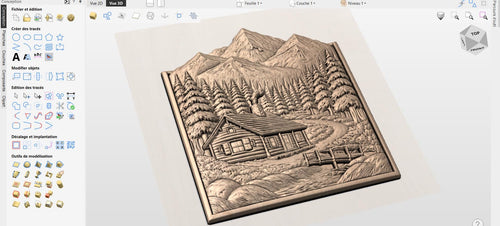 Fichier CNC chalet montagne rustique – bas-relief forêt pour sculpture bois, décoration murale paysage STL