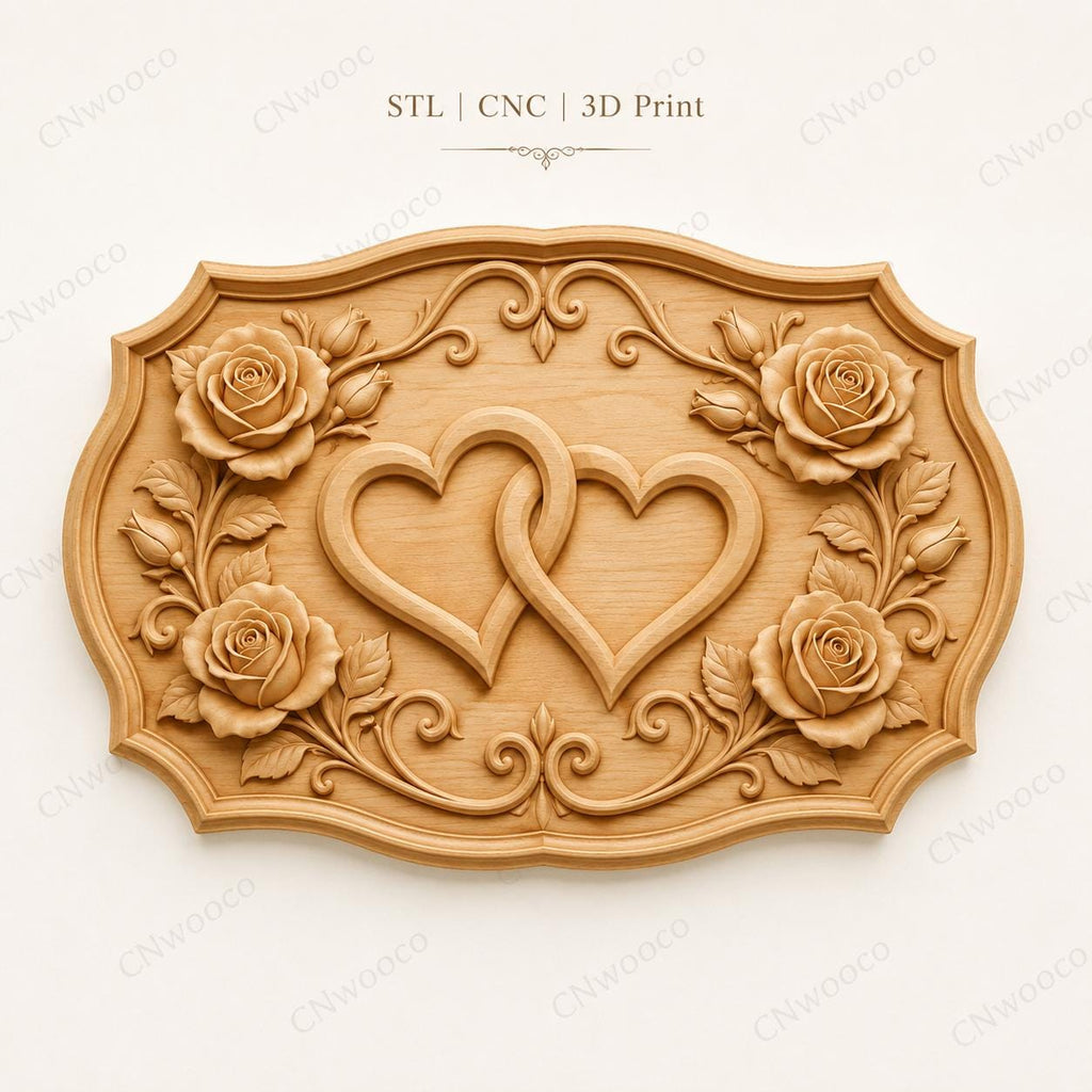 CNC & impression 3D relief cœurs entrelacés avec roses, fichier mariage amour pour gravure bois, STL de haute qualité