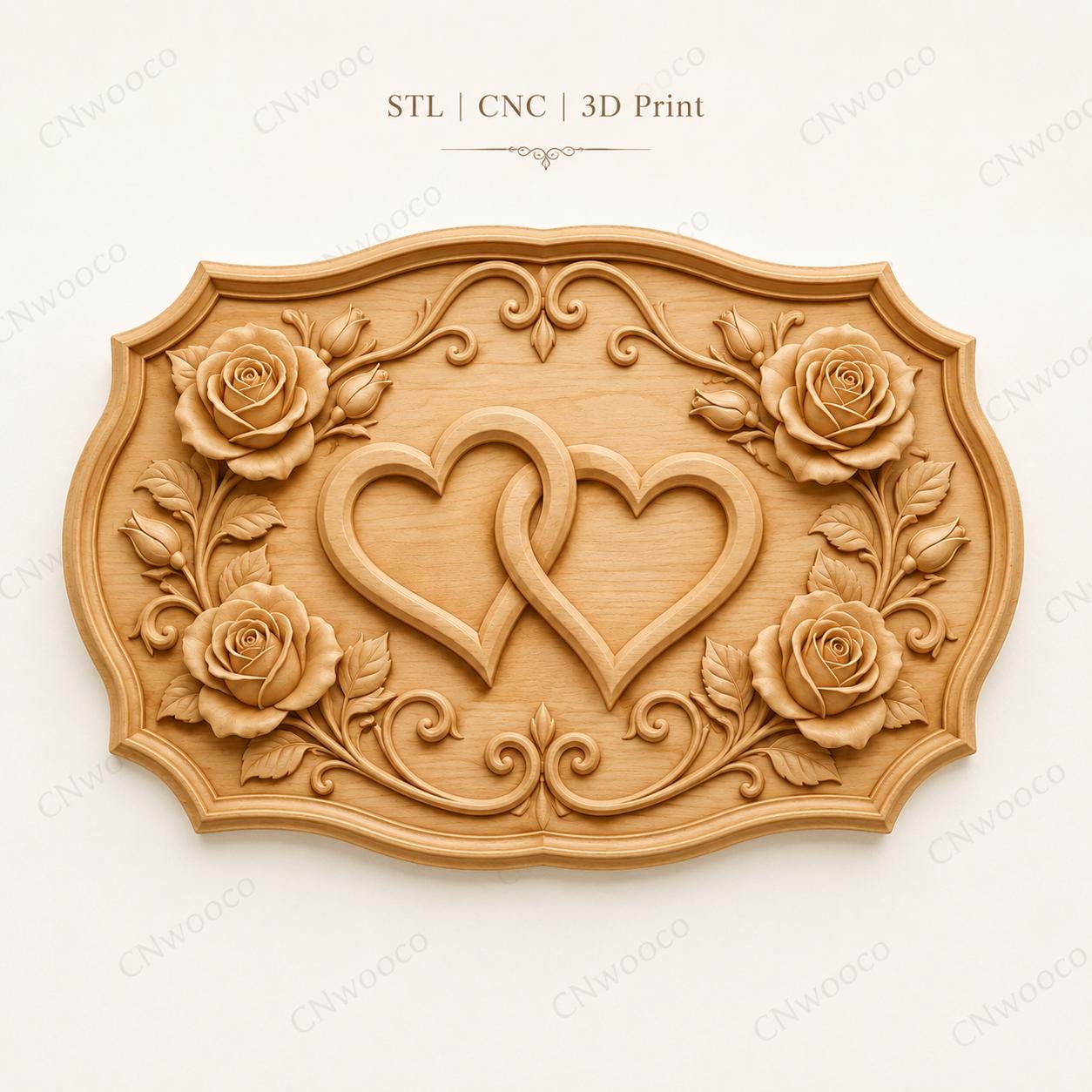 CNC & impression 3D relief cœurs entrelacés avec roses, fichier mariage amour pour gravure bois, STL de haute qualité
