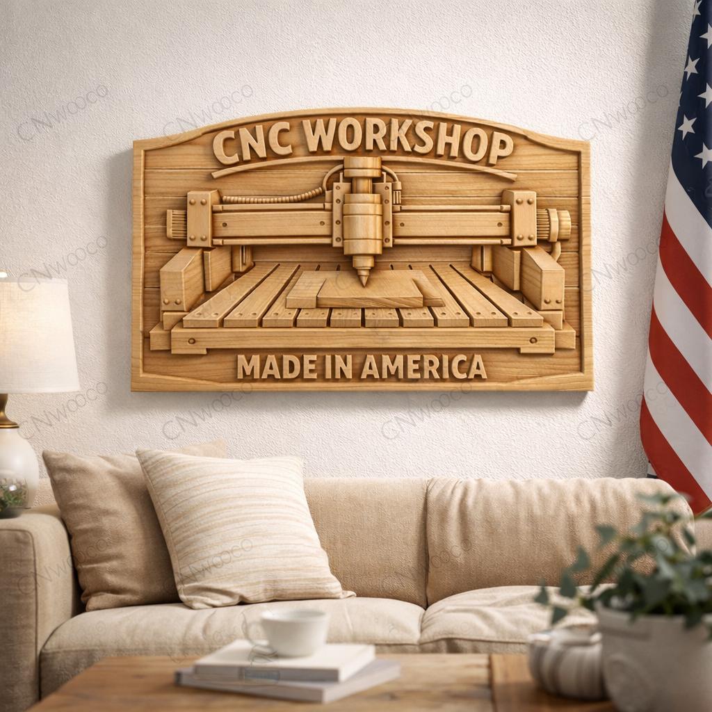 Fichier CNC panneau atelier Made in America – bas-relief bois pour sculpture CNC, décoration murale workshop STL