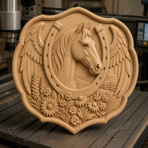 CNC & impression 3D relief cheval avec fer à cheval, ailes et fleurs, fichier STL très haute qualité