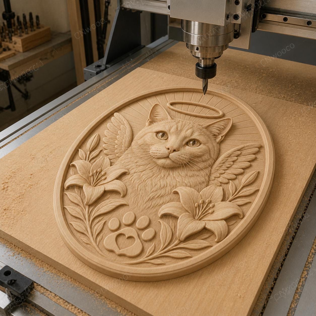 CNC & impression 3D chat ange mémorial, STL haute qualité pour souvenir animal et sculpture bois