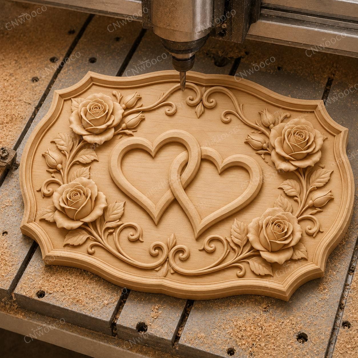 CNC & impression 3D relief cœurs entrelacés avec roses, fichier mariage amour pour gravure bois, STL de haute qualité