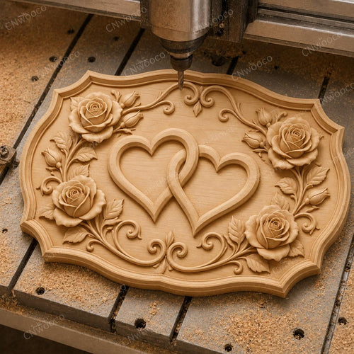 CNC & impression 3D relief cœurs entrelacés avec roses, fichier mariage amour pour gravure bois, STL de haute qualité