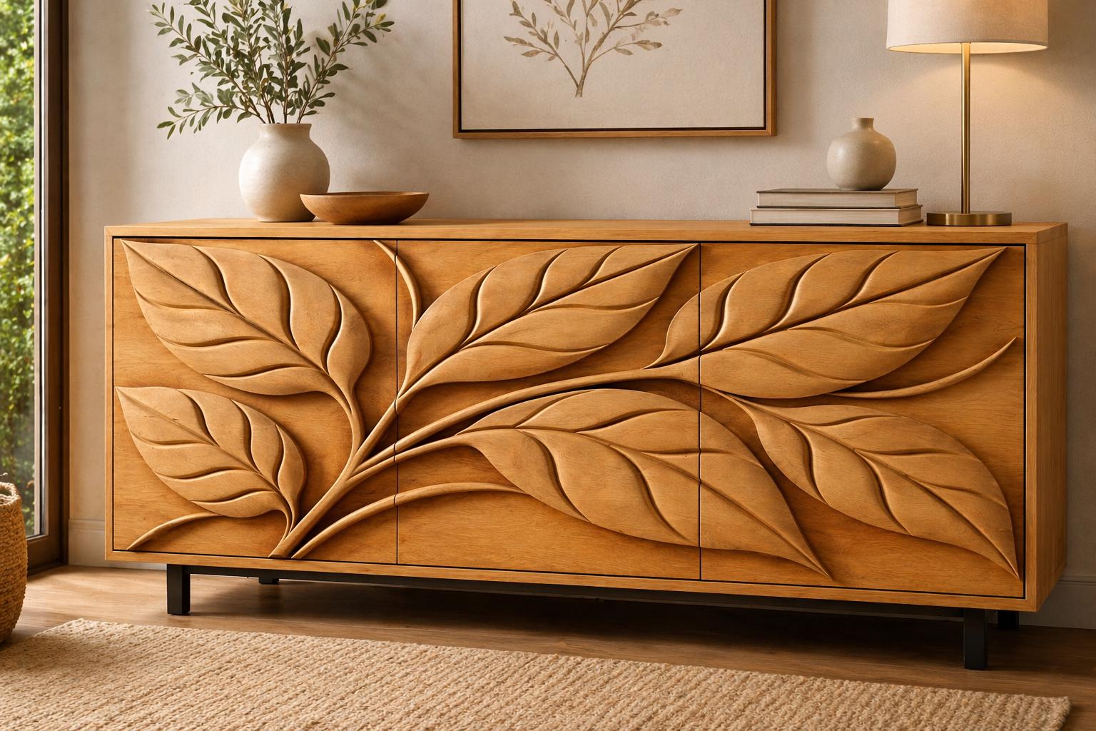 Fichier CNC panneau texture bois feuilles – bas-relief motif nature pour sculpture bois, design façade meuble et décoration murale STL