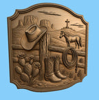 CNC & impression 3D relief western cowboy avec bottes, chapeau, corde et cheval, fichier STL très haute qualité
