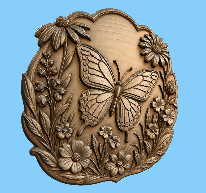 CNC & impression 3D relief papillon avec fleurs, décor floral élégant, fichier STL très haute qualité