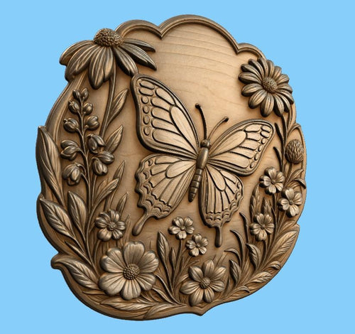 CNC & impression 3D relief papillon avec fleurs, décor floral élégant, fichier STL très haute qualité