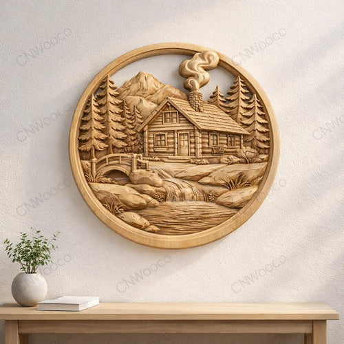 Fichier CNC cabane montagne ronde, bas-relief bois forêt rustique, décoration murale nature, sculpture bois, modèle gravure 3D STL