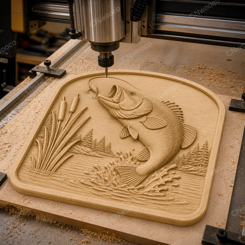 CNC & impression 3D relief poisson bass de pêche avec roseaux, fichier STL très haute qualité