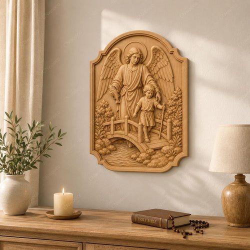 CNC & impression 3D relief ange gardien avec enfant sur un pont, fichier STL très haute qualité