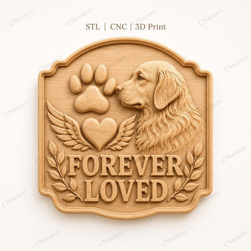 CNC & impression 3D relief mémorial chien Forever Loved avec empreinte et ailes, souvenir animal pour gravure bois, STL de haute qualité