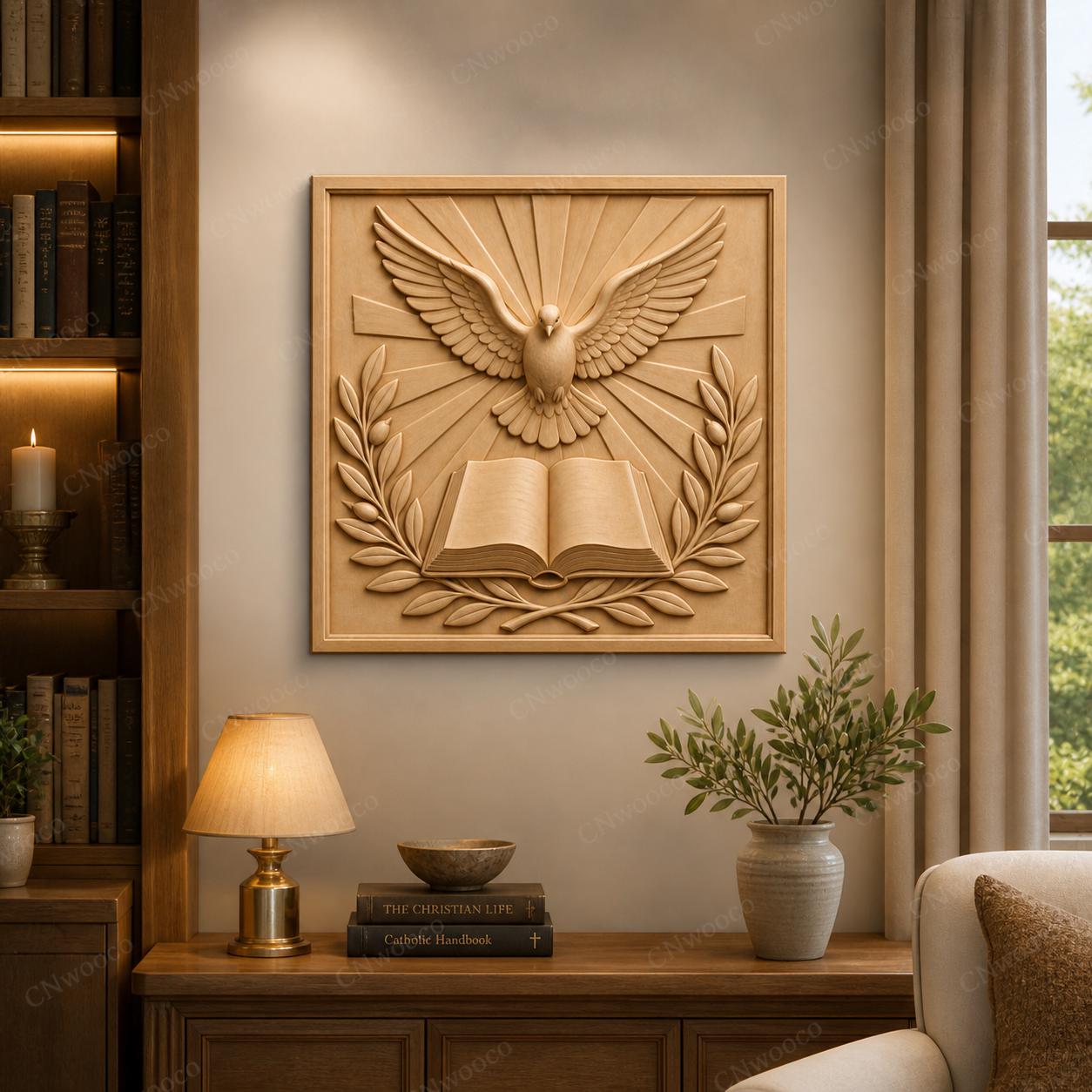 CNC & impression 3D relief colombe Saint-Esprit avec livre ouvert, fichier STL très haute qualité