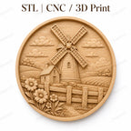 CNC & 3D-Druck Relief Landmühle rund, rustikales Bauernhaus-Dekor, sehr hochwertige STL-Datei