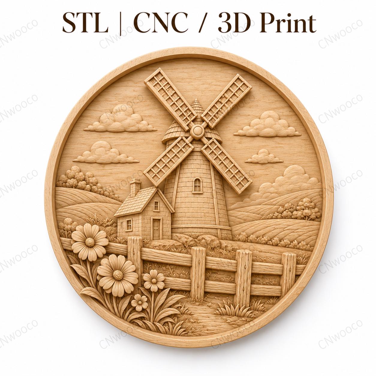 CNC & 3D-Druck Relief Landmühle rund, rustikales Bauernhaus-Dekor, sehr hochwertige STL-Datei