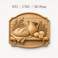 CNC & 3D-Druck Relief rustikale Küche mit Brot und Krug, STL-Datei sehr hohe Qualität