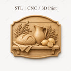 CNC & 3D-Druck Relief rustikale Küche mit Brot und Krug, STL-Datei sehr hohe Qualität